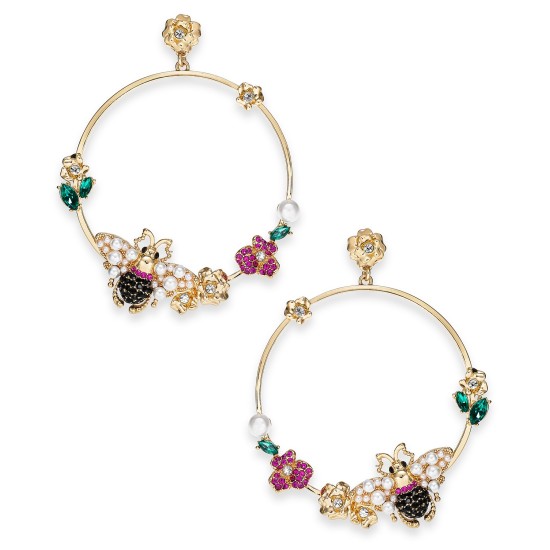  Gold-Tone Imitation Pearl & Crystal Bee and Flower Drop Hoop Earrings