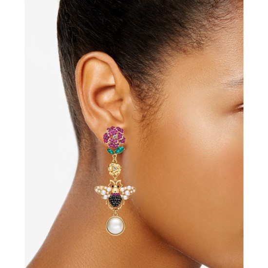  Gold-Tone Imitation Pearl & Crystal Bee & Flower Mismatch Drop Earrings
