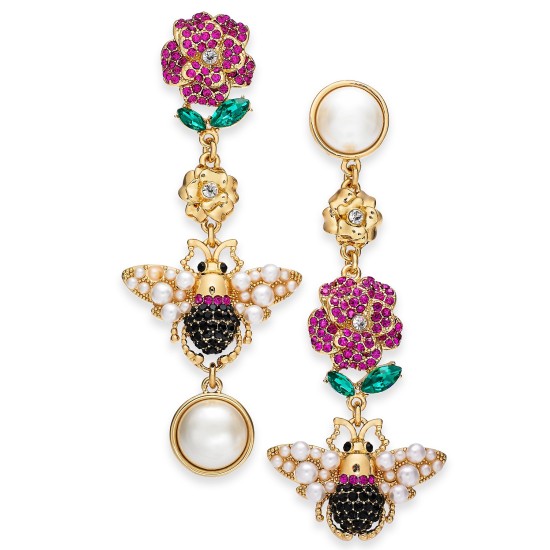  Gold-Tone Imitation Pearl & Crystal Bee & Flower Mismatch Drop Earrings