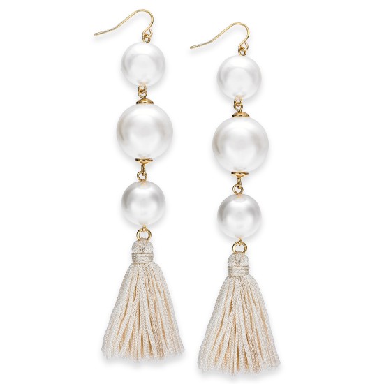  Gold-Tone Imitation Pearl & Tassel Drop Earring, White
