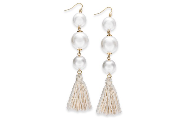  Gold-Tone Imitation Pearl & Tassel Drop Earring, White