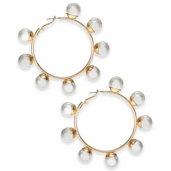  Gold-Tone Large Imitation Pearl Hoop Earrings