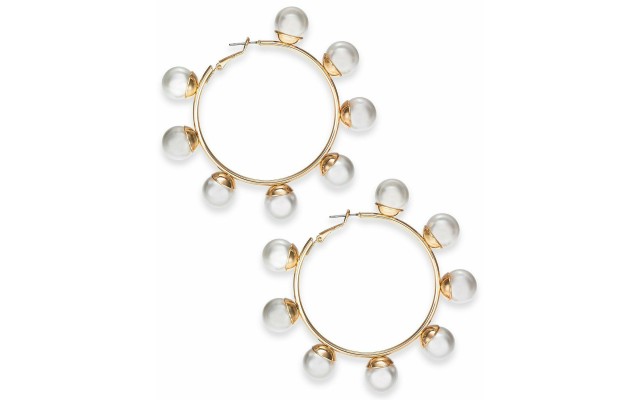  Gold-Tone Large Imitation Pearl Hoop Earrings