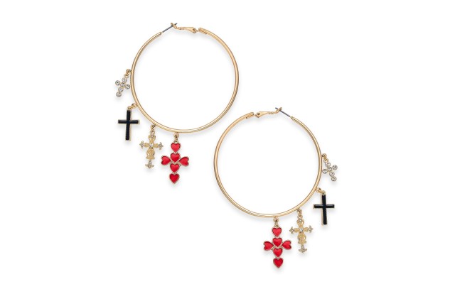  Gold-Tone Large Multi-Cross Charm Hoop Earrings, 2.28″