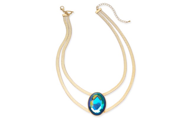  Gold-Tone Large Stone Double Strand Statement Necklace (16+3)