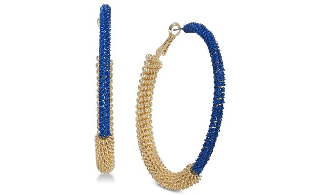  Gold-Tone Link-Wrapped Large Hoop Earrings, Blue