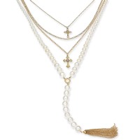 Thalia Sodi Gold-Tone Pavé Cross, Imitation Pearl & Chain Tassel Layered Lariat Necklace, 16″ + 3″ extender, White