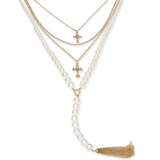  Gold-Tone Pavé Cross, Imitation Pearl & Chain Tassel Layered Lariat Necklace, 16″ + 3″ extender, White