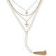  Gold-Tone Pavé Cross, Imitation Pearl & Chain Tassel Layered Lariat Necklace, 16″ + 3″ extender, White