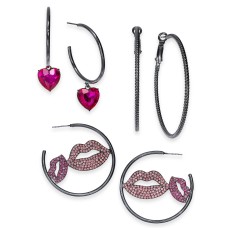 Thalia Sodi Hematite-Tone 3-Pc. Set Crystal Heart & Lip Hoop Earrings