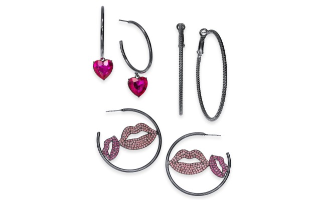  Hematite-Tone 3-Pc. Set Crystal Heart & Lip Hoop Earrings