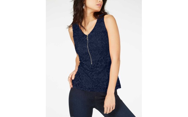  Lace Zipper-Front Top (Navy, Large)