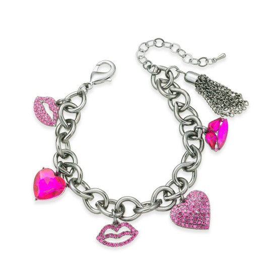  Silver-Tone Crystal Hearts & Lips Charm Bracelet, Pink