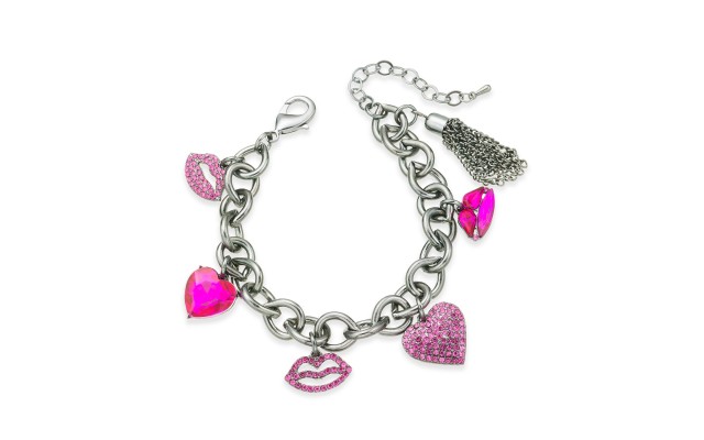 Silver-Tone Crystal Hearts & Lips Charm Bracelet, Pink