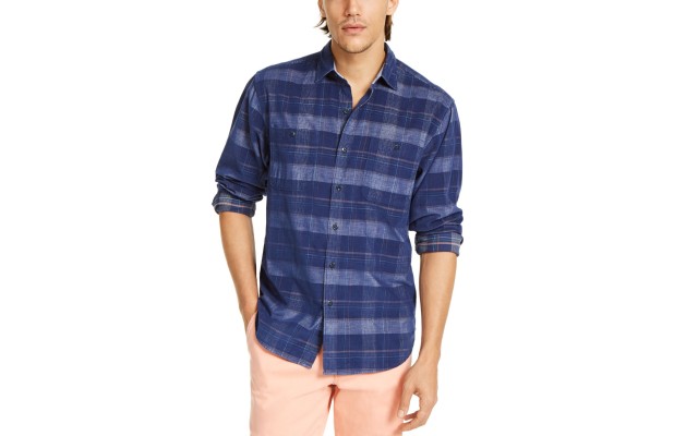  Men’s Del Coast Plaid Corduroy Shirt (Navy, L)