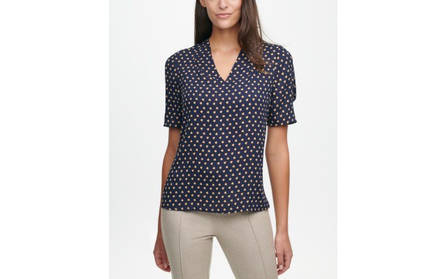  Heart-Print V-Neck Blouse (Blue, Medium)