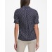  Heart-Print V-Neck Blouse (Blue, Medium)