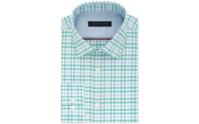  Men's Athletic-Fit Check Dress Shirts, Green, 17X36