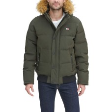 Tommy Hilfiger Men’s Big & Tall Short Parka Jacket with Faux Fur Hood, (Green, LT)