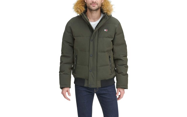  Men’s Big & Tall Short Parka Jacket with Faux Fur Hood, (Green, LT)