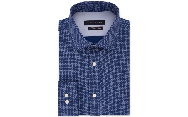  Men’s Fitted Non-Iron TH Flex Performance Stretch Grid Dress Shirt (Navy, 16X34-35)
