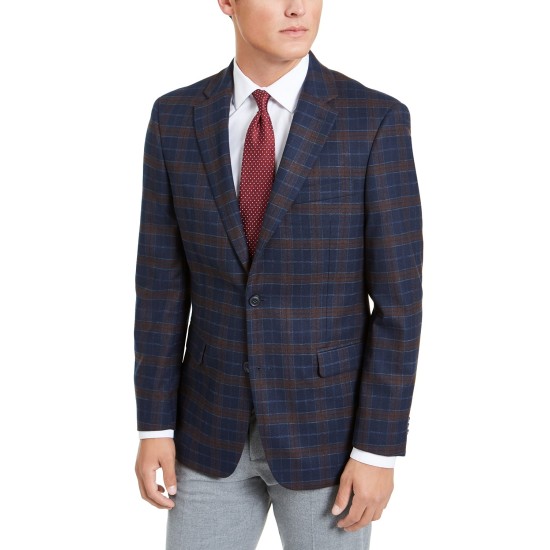  Men's Modern-Fit Stretch Plaid Sport Coat, Blue, 46T