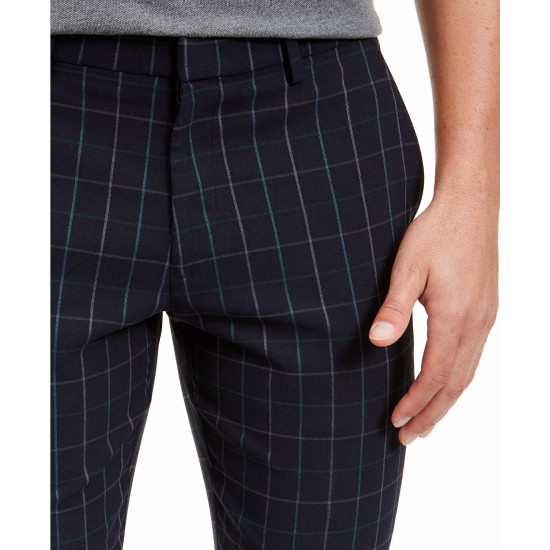  Men’s Modern-Fit Stretch Windowpane Dress Pants (Navy/Green, 34×32)