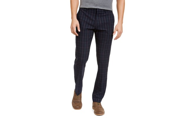  Men’s Modern-Fit Stretch Windowpane Dress Pants (Navy/Green, 34×32)