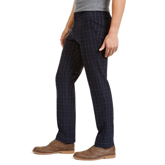  Men’s Modern-Fit Stretch Windowpane Dress Pants (Navy/Green, 34×32)