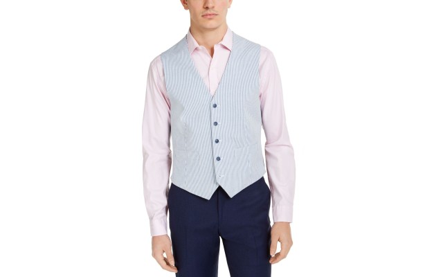  Men’s Modern-Fit TH Flex Stretch Blue/White Seersucker Stripe Vest (Blue, X-Large)
