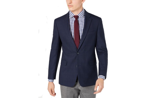  Men's Modern-Fit THFlex Stretch Plaid Sport Coat, Navy, 36 Regular