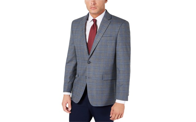  Men’s Modern-Fit THFlex Stretch Windowpane Sport Coat,Gray/Blue,42