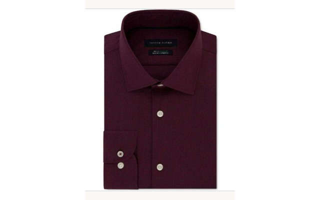  Men’s Slim-Fit Non-Iron Performance Stretch Check Dress Shirt (Cherry, 17.5X34-35)