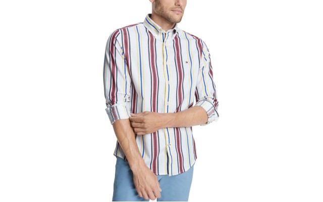  Men’s Striped Stretch Shirt (White, XL)