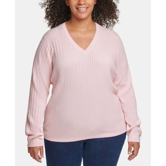  Plus Size Cotton Cable-Knit Sweater (Pink, 0x)