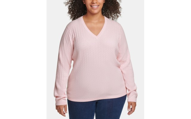  Plus Size Cotton Cable-Knit Sweater (Pink, 0x)