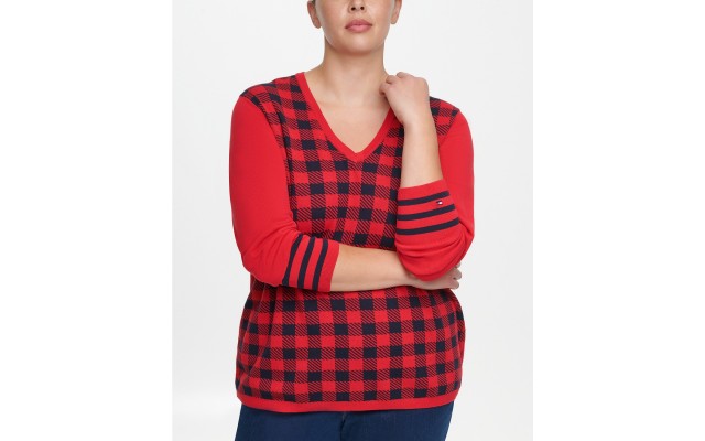  Plus Size Ivy Cotton Buffalo-Plaid Sweater (Red), Red, 0X