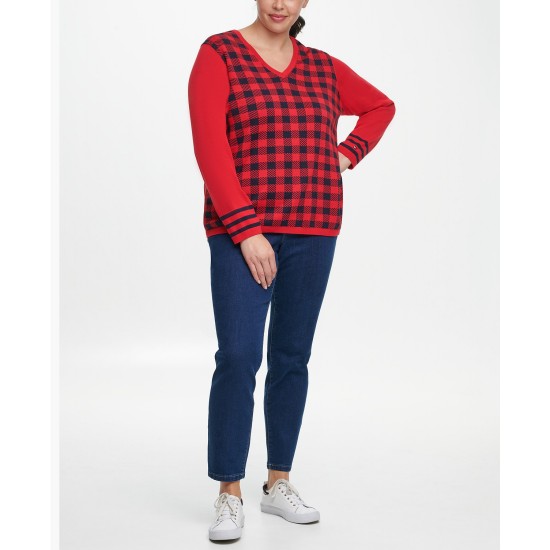  Plus Size Ivy Cotton Buffalo-Plaid Sweater (Red), Red, 1X