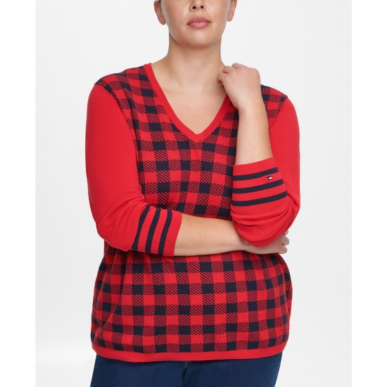  Plus Size Ivy Cotton Buffalo-Plaid Sweater (Red), Red, 1X