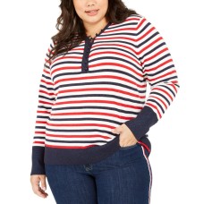 Tommy Hilfiger Plus Size Metallic Striped Button-Up Top (White)