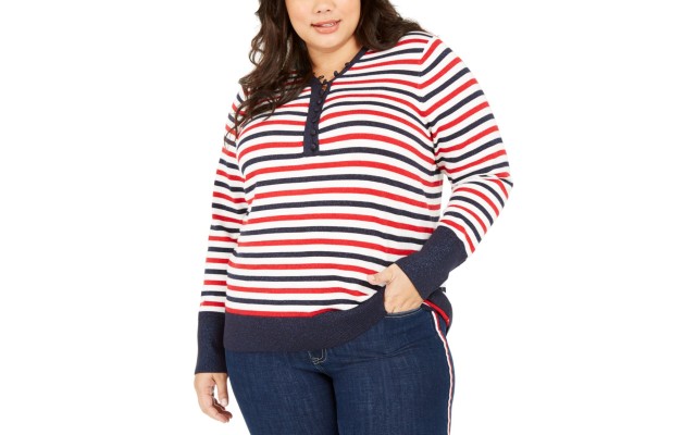  Plus Size Metallic Striped Button-Up Top (White), White, 2X