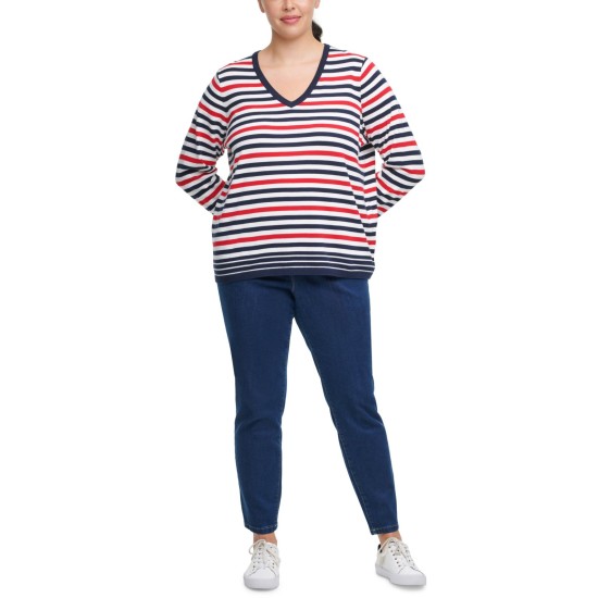  Plus Size Multi-Striped V-Neck Sweater (White, 1X)
