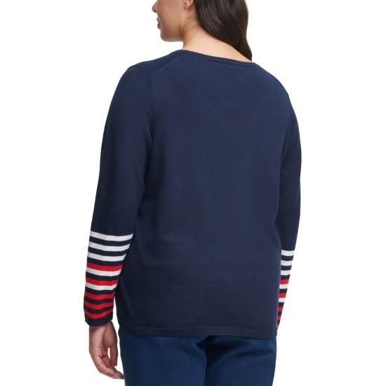  Plus Size Striped-Sleeve Sweater	(Blue), Blue, 0X