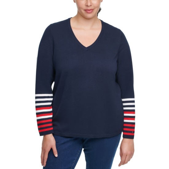  Plus Size Striped-Sleeve Sweater	(Blue), Blue, 0X