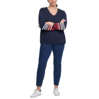 Tommy Hilfiger Plus Size Striped-Sleeve Sweater	(Blue), Blue, 0X