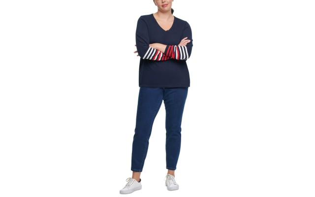  Plus Size Striped-Sleeve Sweater	(Blue), Blue, 0X