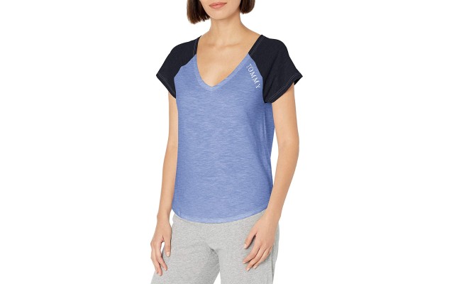  Women’s Short Sleeve Cotton Tee Shirt with Hilfiger Logo Lounge Pajama Shirt (Warm Chambray), Warm Chambray, Medium