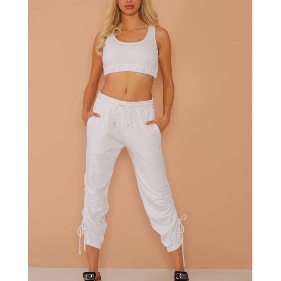  Women’s 2-Piece Sweatsuit – Crop Tank Top and Sweatpants Tracksuit, White, Large