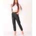  Women’s Faux Leather Elastic Cuff Jogger Pants, Black, Small