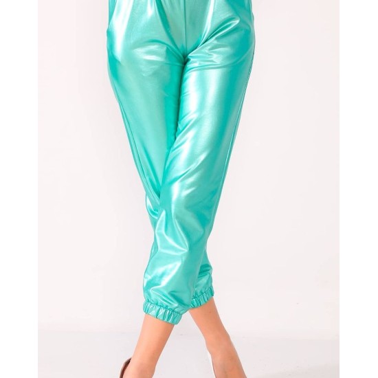  Women’s Faux Leather Elastic Cuff Jogger Pants, Green, Large